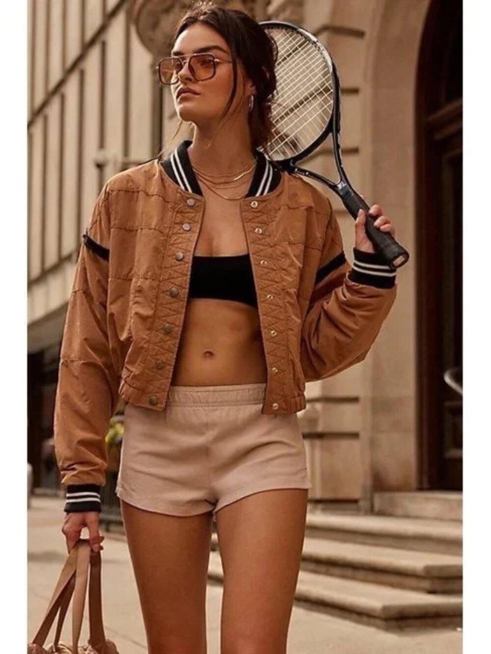Free People Fp Movement Around The World Cardi Crop Bomber Jacket Camel